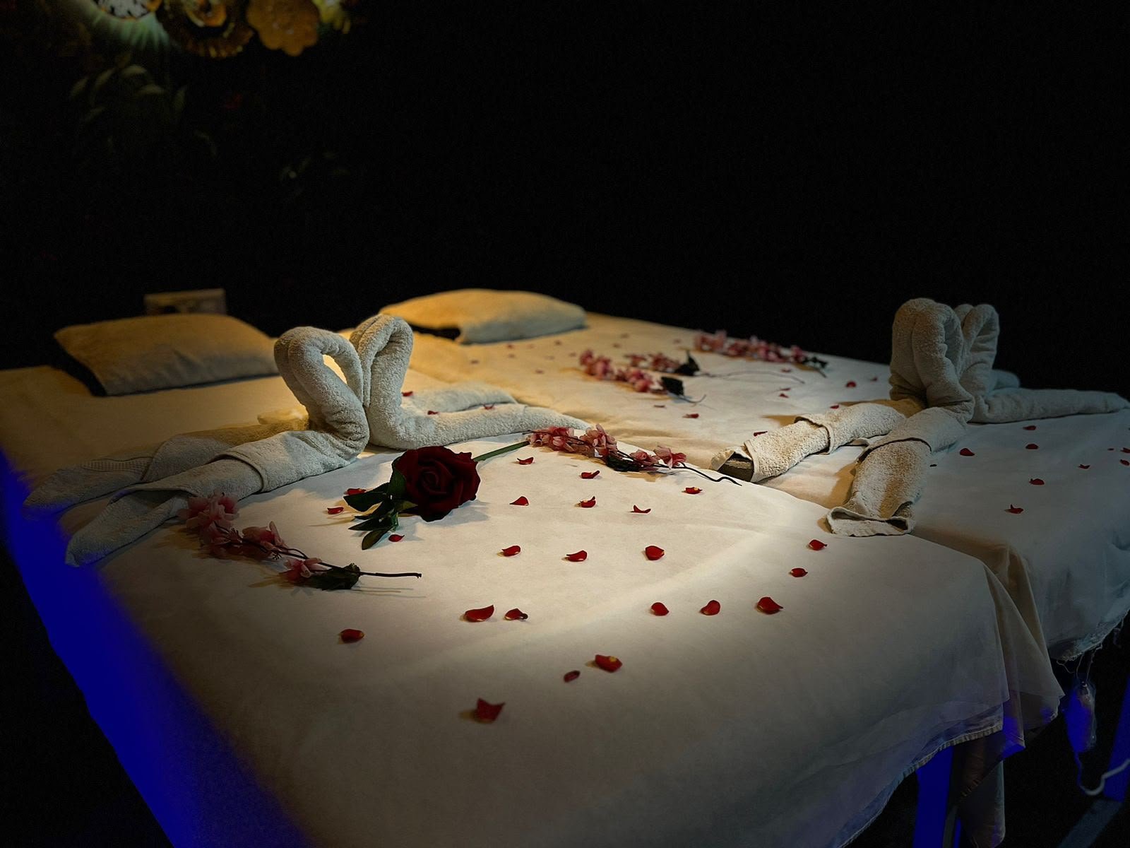 Close-up of premium spa linens with towel swan, red rose and scattered petals — Couple Suite detail